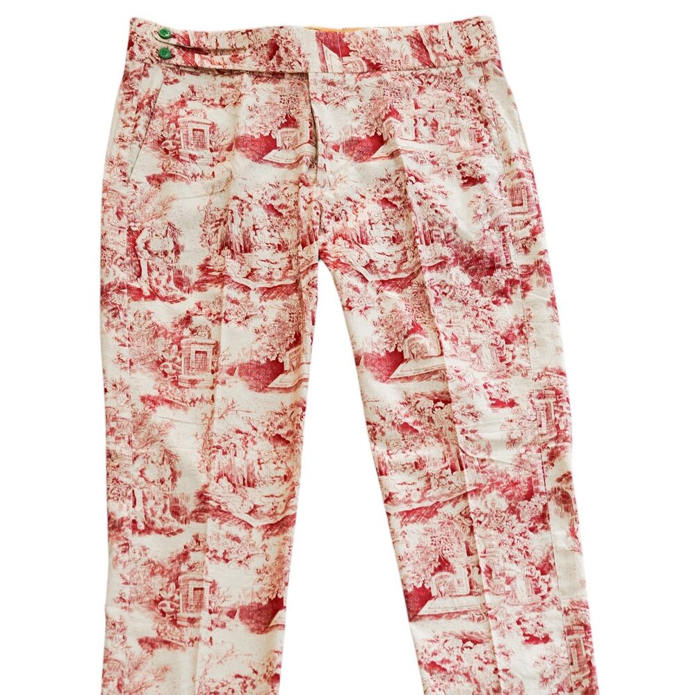 Mens 36 Red Cream Graphic Print Gurkha Pants Cotton Flat Front Slim Fit Trousers - Picture 5 of 6